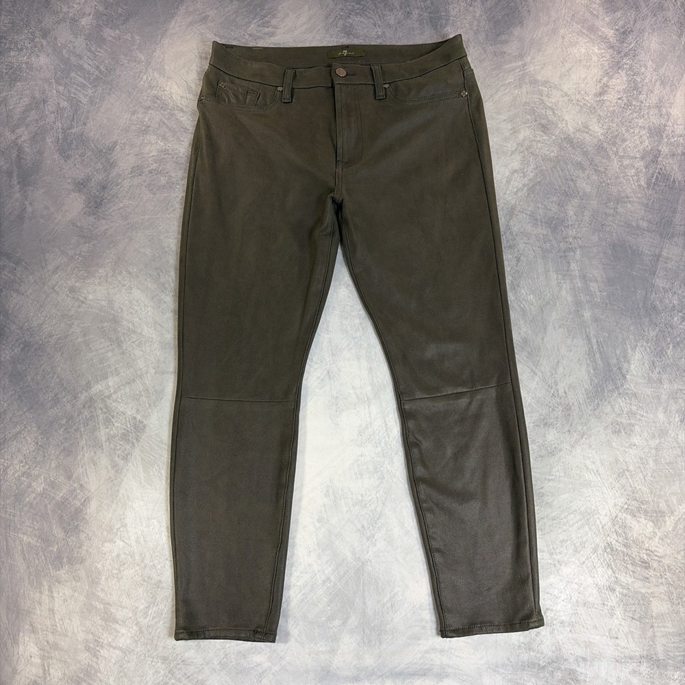 7 For All Mankind Coated Skinny Pants Womens 32 Olive Green Faux Leather Look
